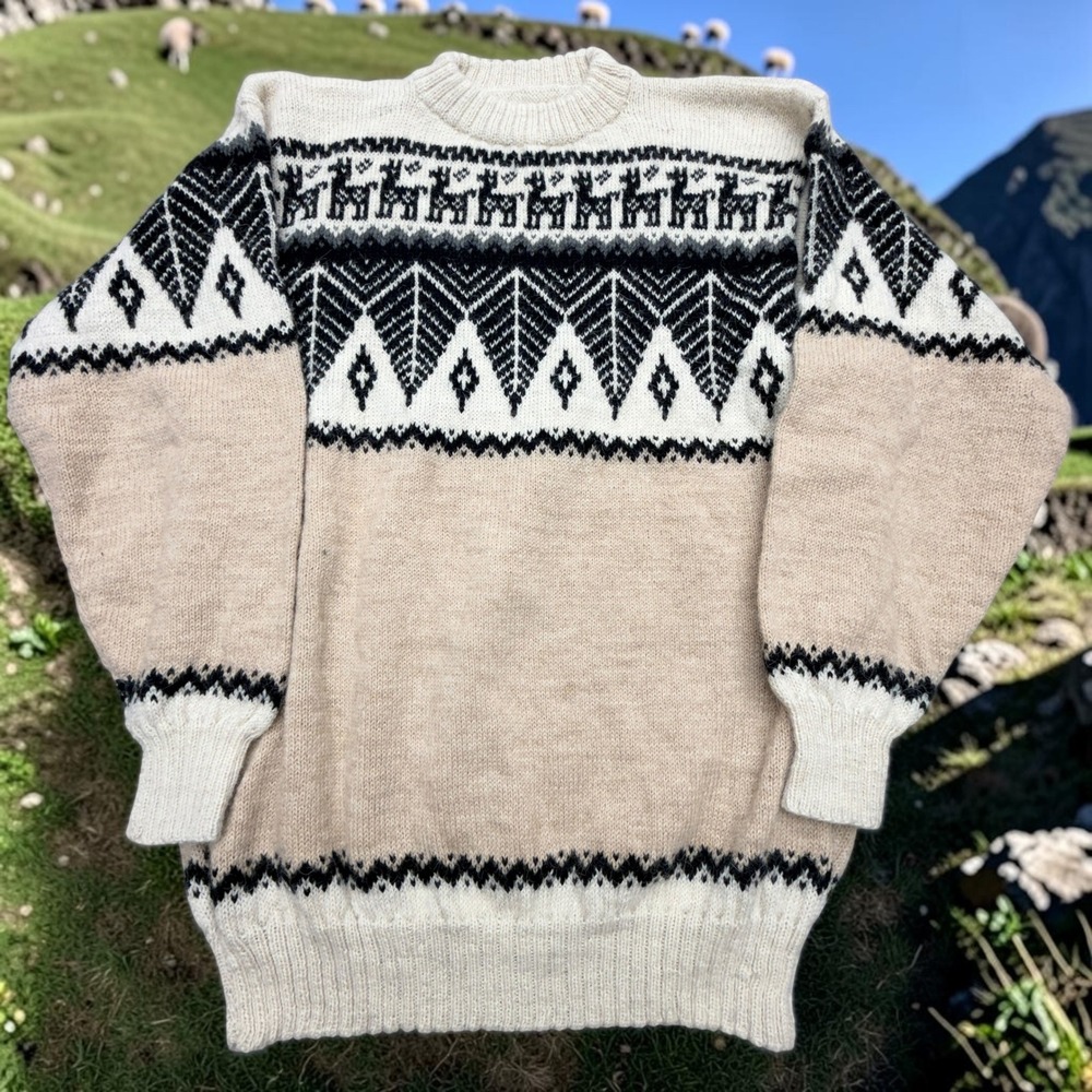 Peruvian Handmade Alpaca Wool Sweater Womens Med Fair Isle Llama Cream Tan Black